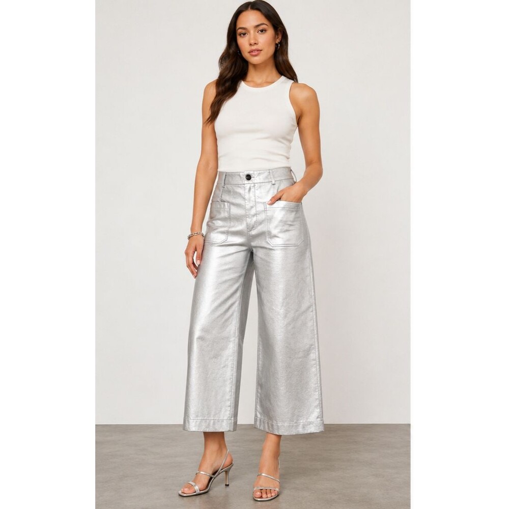 Maeve Anthropologie The Colette Silver Metallic Wide Leg Pants 27P Petite